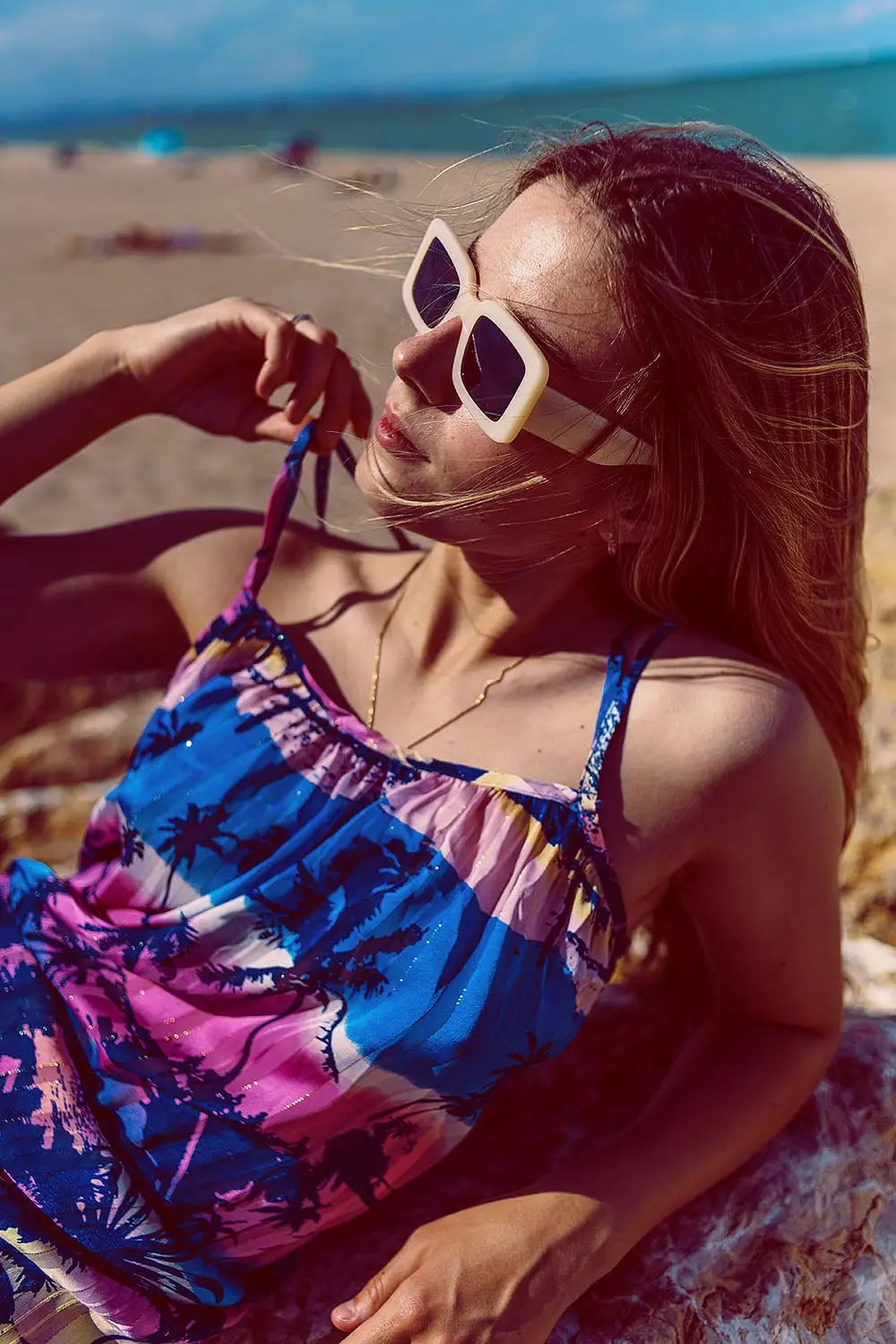 Relaxed Open Back Maxi Dress In Tropical Blue Print - Dresses