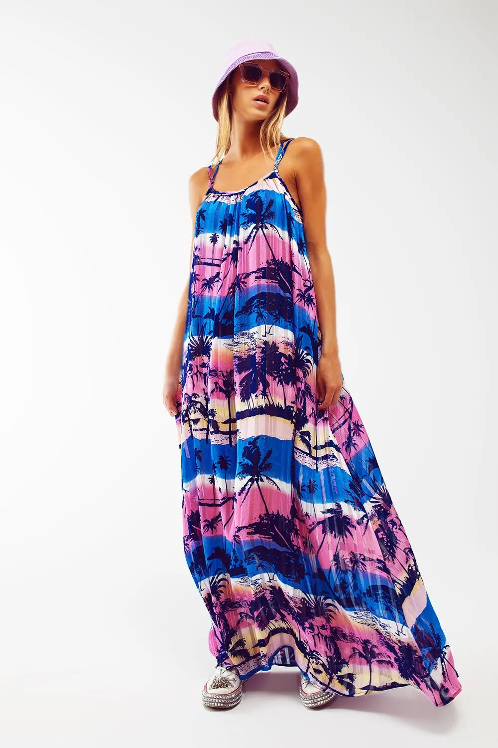Relaxed Open Back Maxi Dress In Tropical Blue Print - Dresses