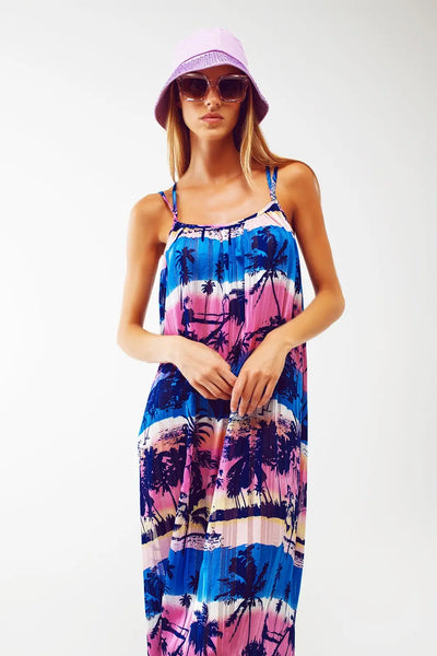 Relaxed Open Back Maxi Dress In Tropical Blue Print - Dresses