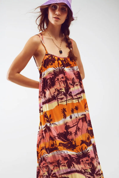 Relaxed Open Back Maxi Dress In Tropical Pink Print - Dresses