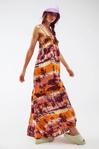 Relaxed Open Back Maxi Dress In Tropical Pink Print - Dresses