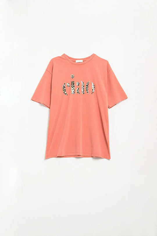 Q2 relaxed orange T-shirt With Ciao in Leopard Print