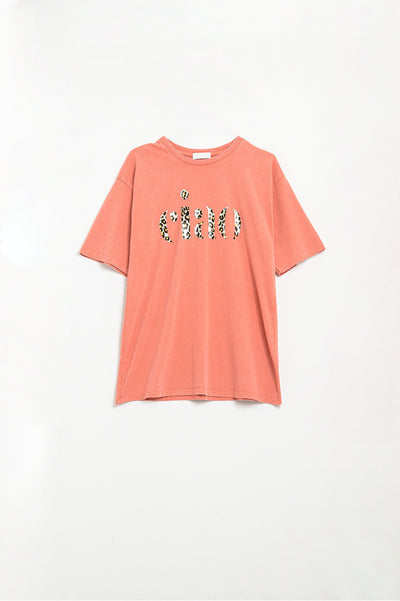 Q2 relaxed orange T-shirt With Ciao in Leopard Print