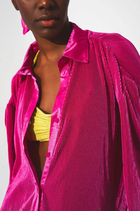 Relaxed pleated satin shirt in fuchsia - Shirts