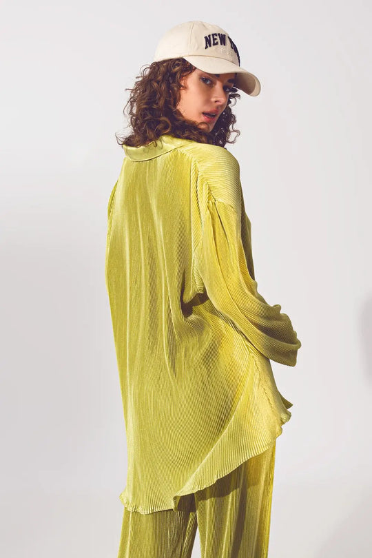 Relaxed Pleated Satin Shirt in Green - Shirts