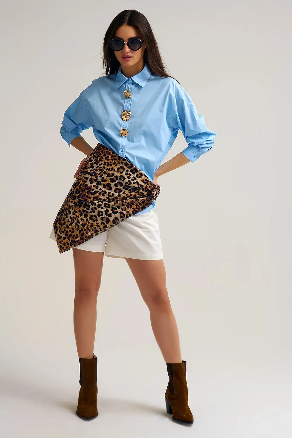 relaxed poplin Cotton Shirt in blue with Decorative Gold Buttons - Shirts