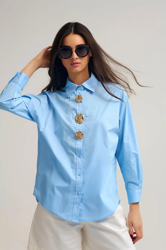 relaxed poplin Cotton Shirt in blue with Decorative Gold Buttons - Shirts