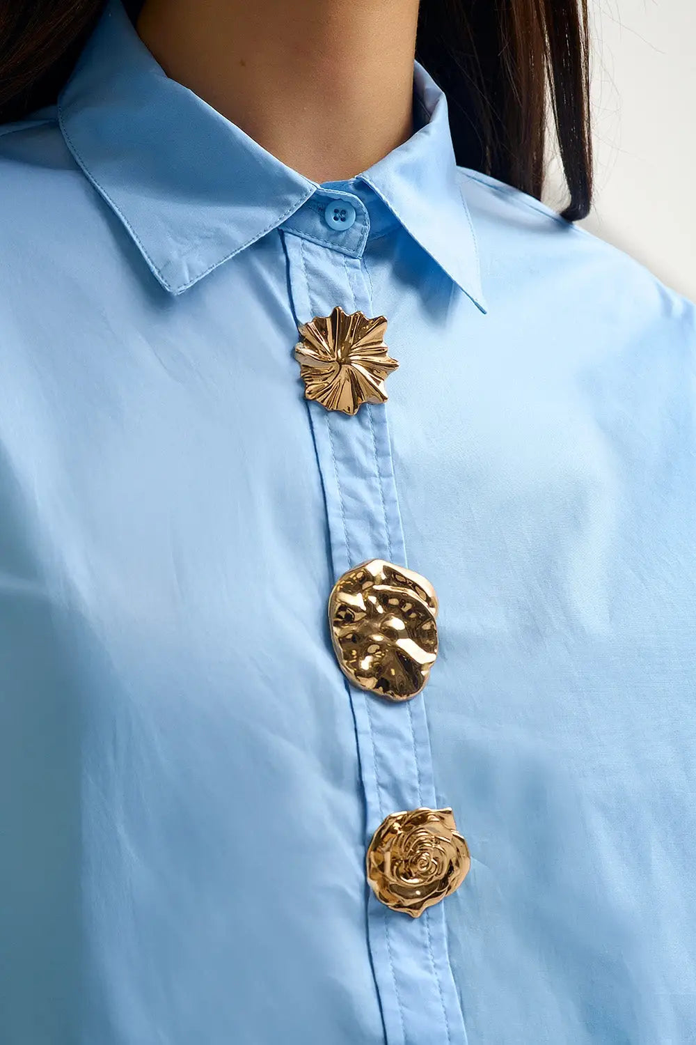relaxed poplin Cotton Shirt in blue with Decorative Gold Buttons - Shirts