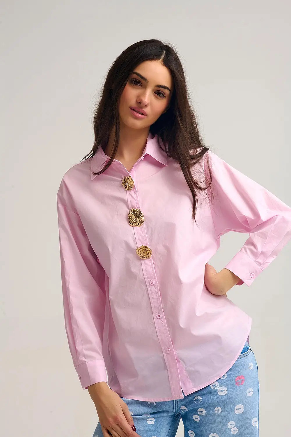 relaxed poplin Cotton Shirt in pink with Gold Buttons - Shirts