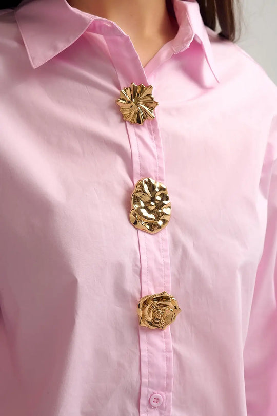 relaxed poplin Cotton Shirt in pink with Gold Buttons - Shirts