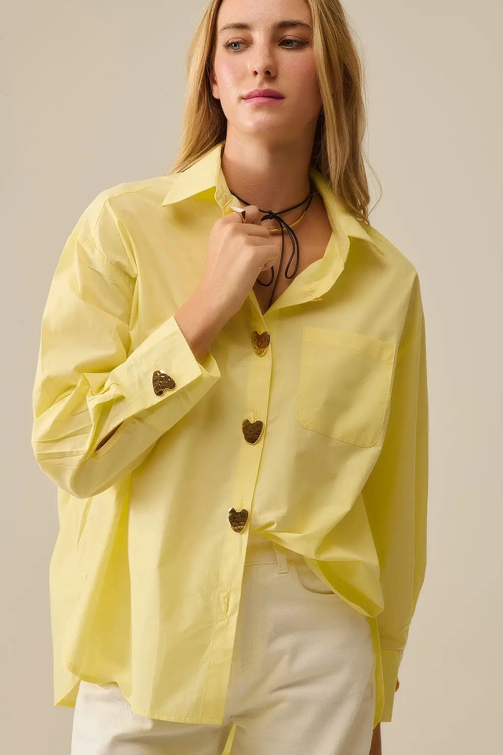 Q2 Relaxed Poplin Shirt With Gold Heart Buttons in yellow