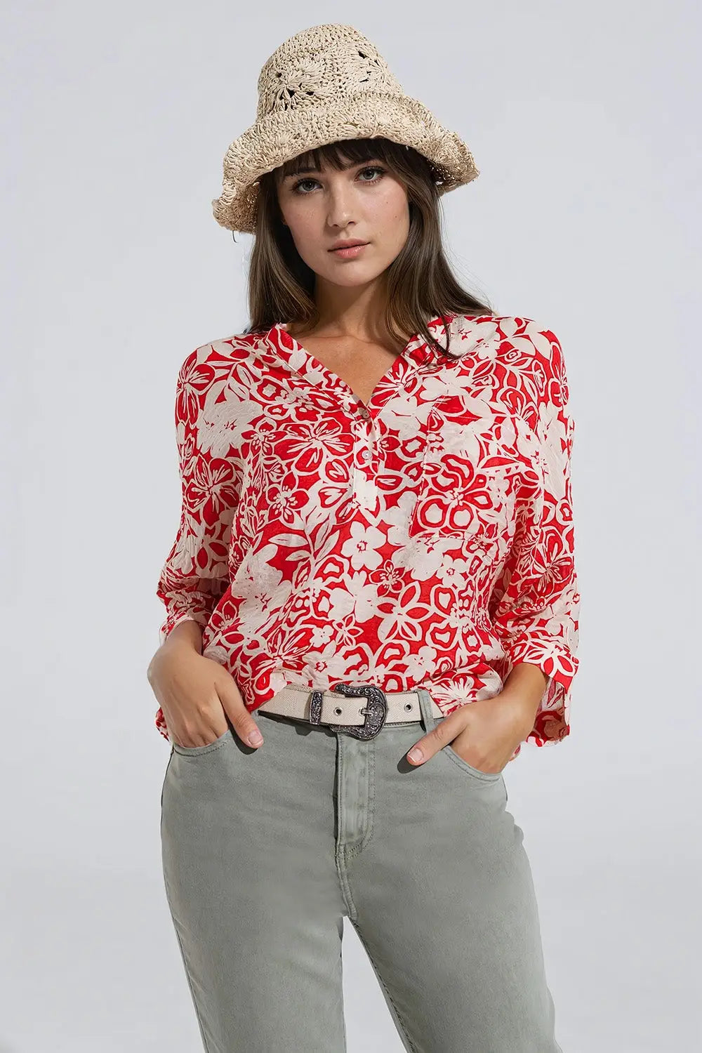 Relaxed red Floral Print Blouse With Bell Sleeves - One Size / Red - Shirts