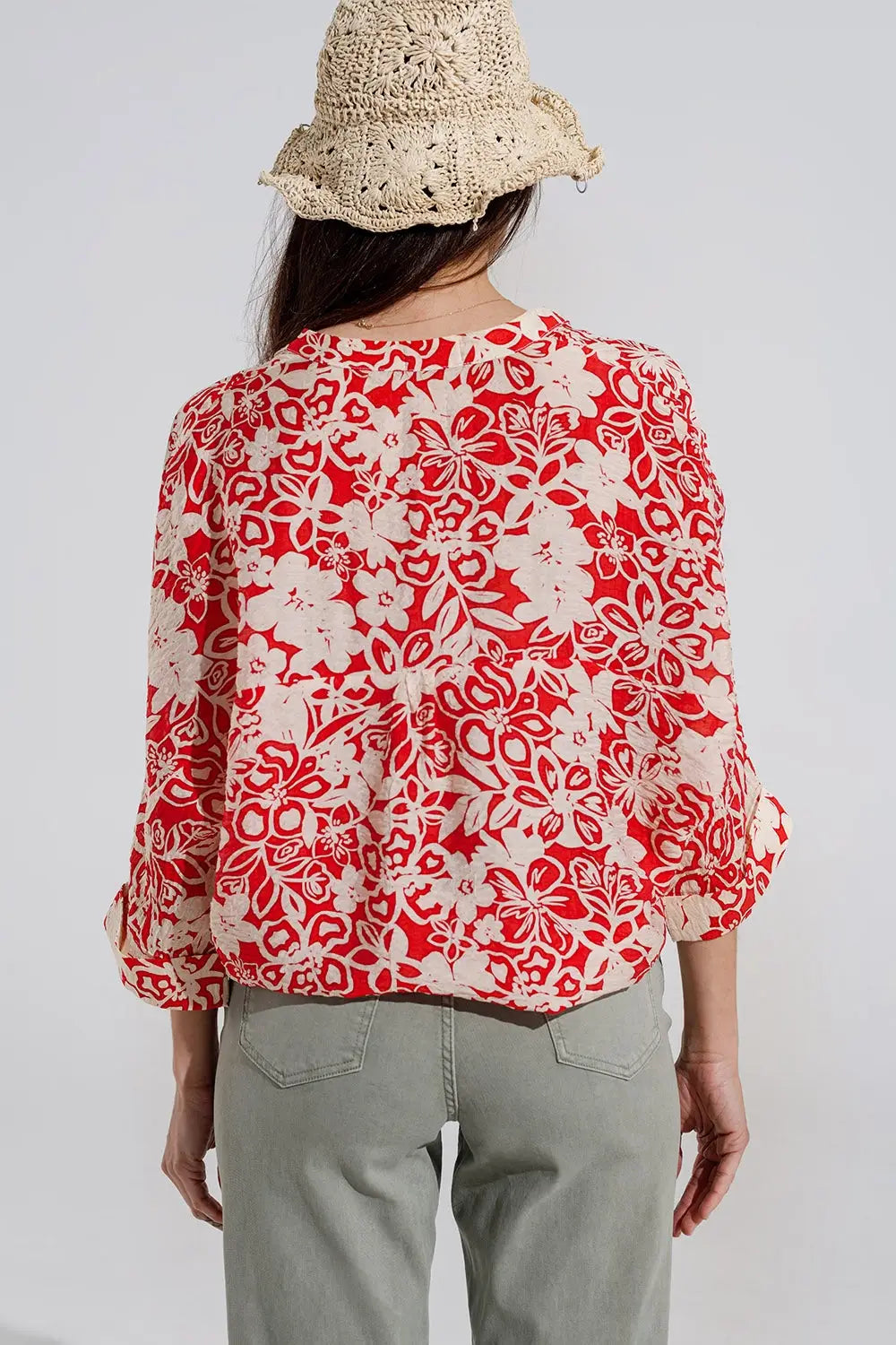 Relaxed red Floral Print Blouse With Bell Sleeves - One Size / Red - Shirts