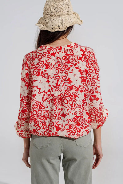 Relaxed red Floral Print Blouse With Bell Sleeves - One Size / Red - Shirts