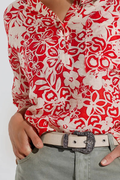 Relaxed red Floral Print Blouse With Bell Sleeves - One Size / Red - Shirts
