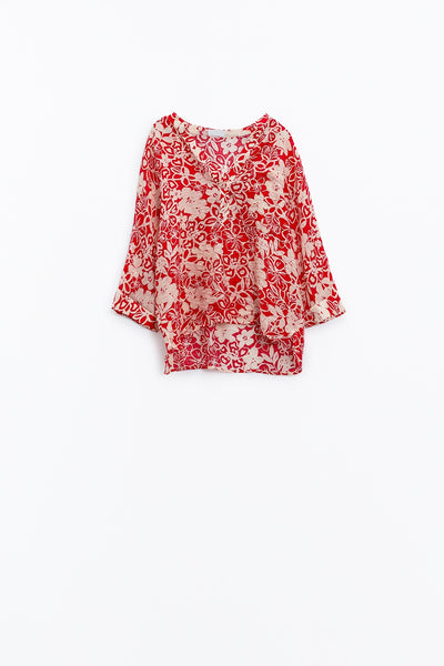 Relaxed red Floral Print Blouse With Bell Sleeves