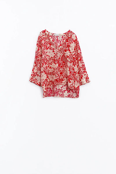 Relaxed red Floral Print Blouse With Bell Sleeves - One Size / Red - Shirts