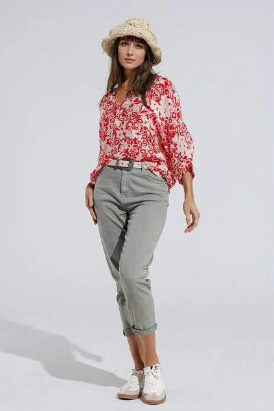 Relaxed red Floral Print Blouse With Bell Sleeves - One Size / Red - Shirts