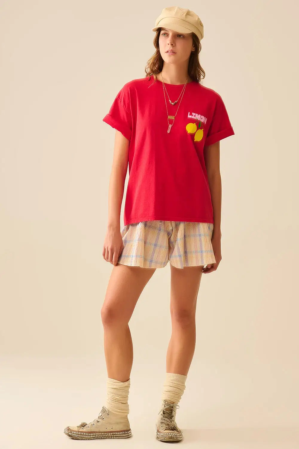relaxed red t-shirt with lemon print made in Italy - One Size / Red - Tops