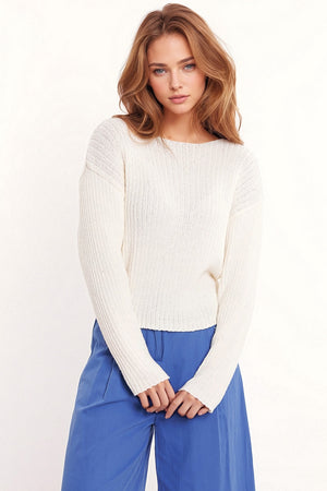 Q2 Relaxed Ribbed Boat Neck Sweater in cream