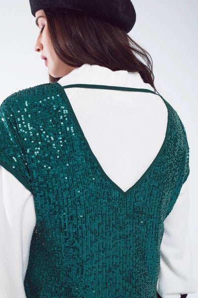 Relaxed Sequin Dress With Short Sleeves and Open Back in Green