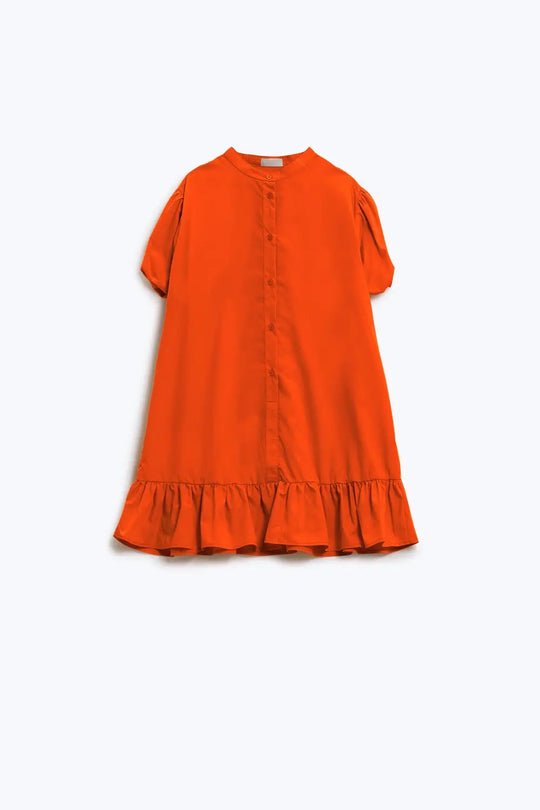 Relaxed Shirt Dress With Balloon Short Sleeves and Ruffle In Orange - Dresses