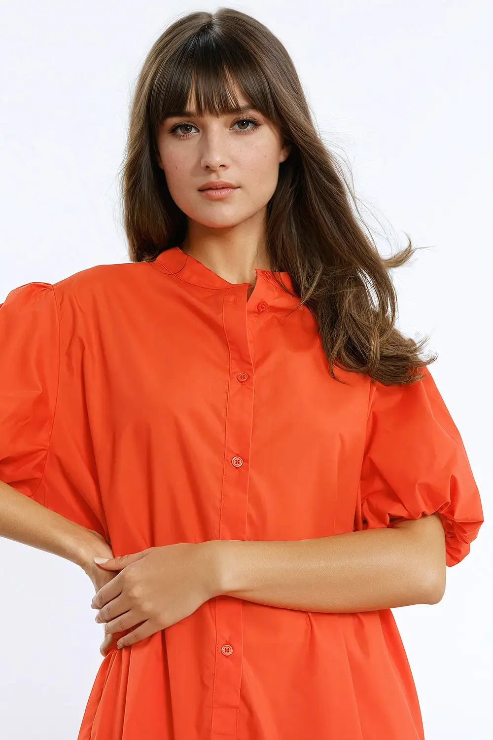 Relaxed Shirt Dress With Balloon Short Sleeves and Ruffle In Orange - Dresses