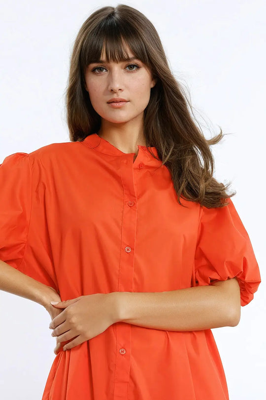 Relaxed Shirt Dress With Balloon Short Sleeves and Ruffle In Orange - Dresses