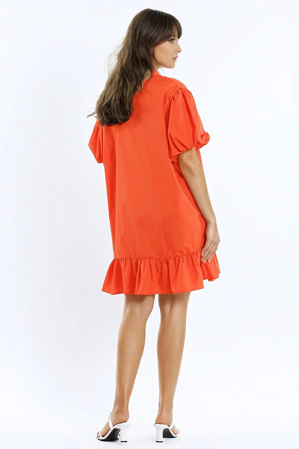 Relaxed Shirt Dress With Balloon Short Sleeves and Ruffle In Orange - Dresses