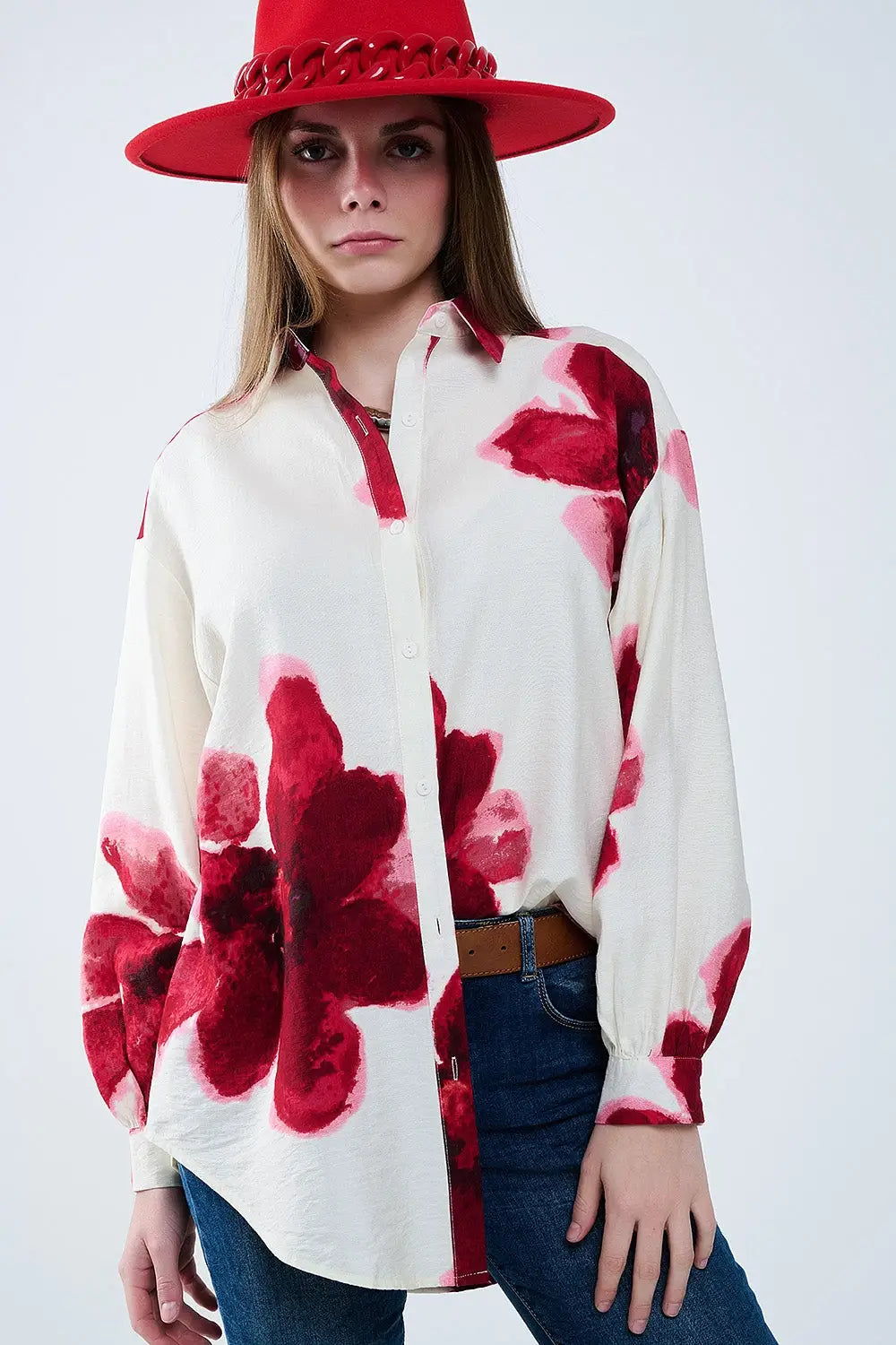 Relaxed Shirt in Beige With Red Tropical Flower Print in Red - Shirts