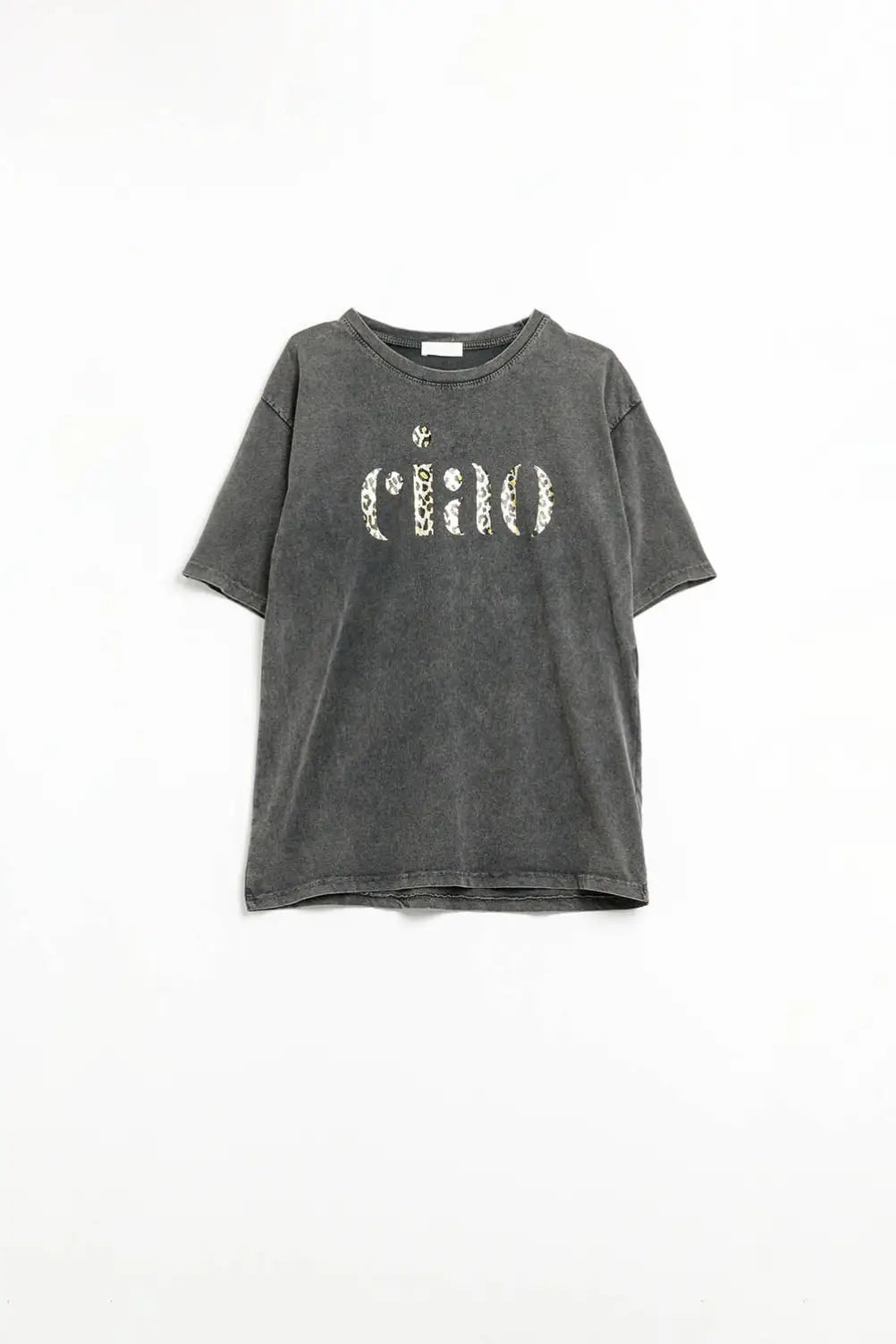 relaxed stonewashed Black T-shirt With Ciao in Leopard Print - One Size / Black - Tops