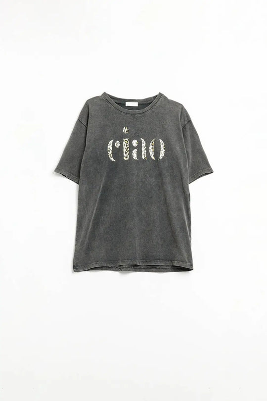 relaxed stonewashed Black T-shirt With Ciao in Leopard Print - One Size / Black - Tops