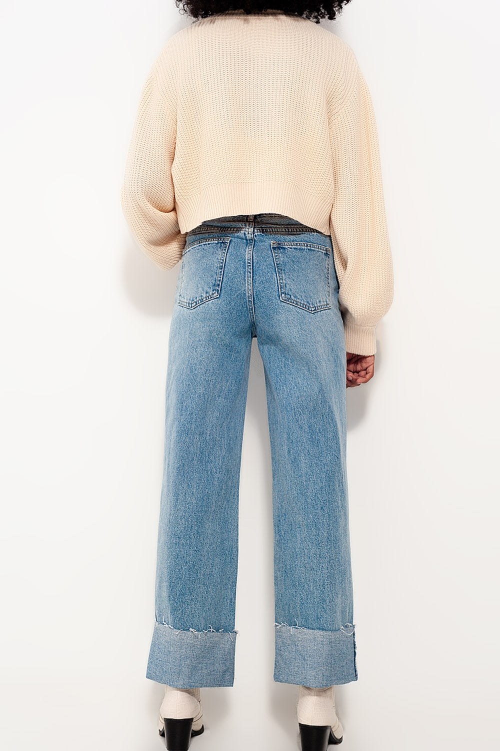 Relaxed straight leg jeans with turn up in bleach wash