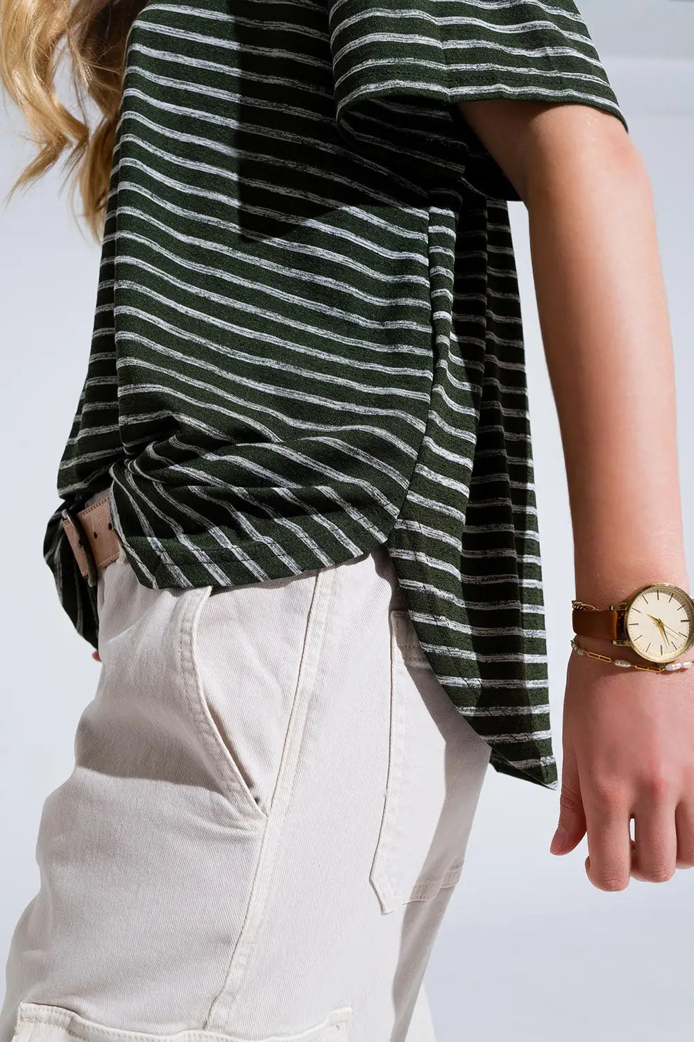 Relaxed Striped T-shirt With Crew Neckline In Khaki - Tops