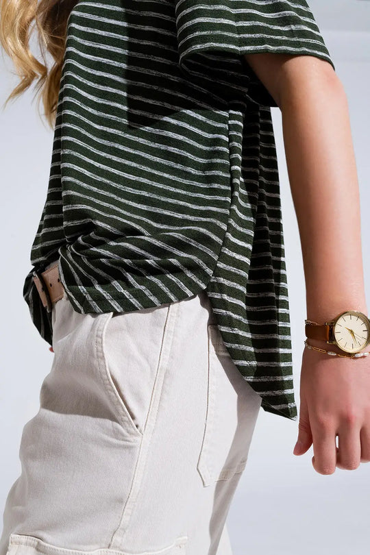 Relaxed Striped T-shirt With Crew Neckline In Khaki - Tops