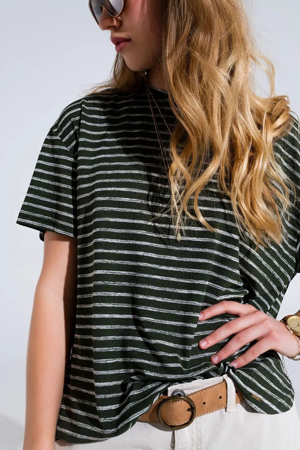 Relaxed Striped T-shirt With Crew Neckline In Khaki - Tops