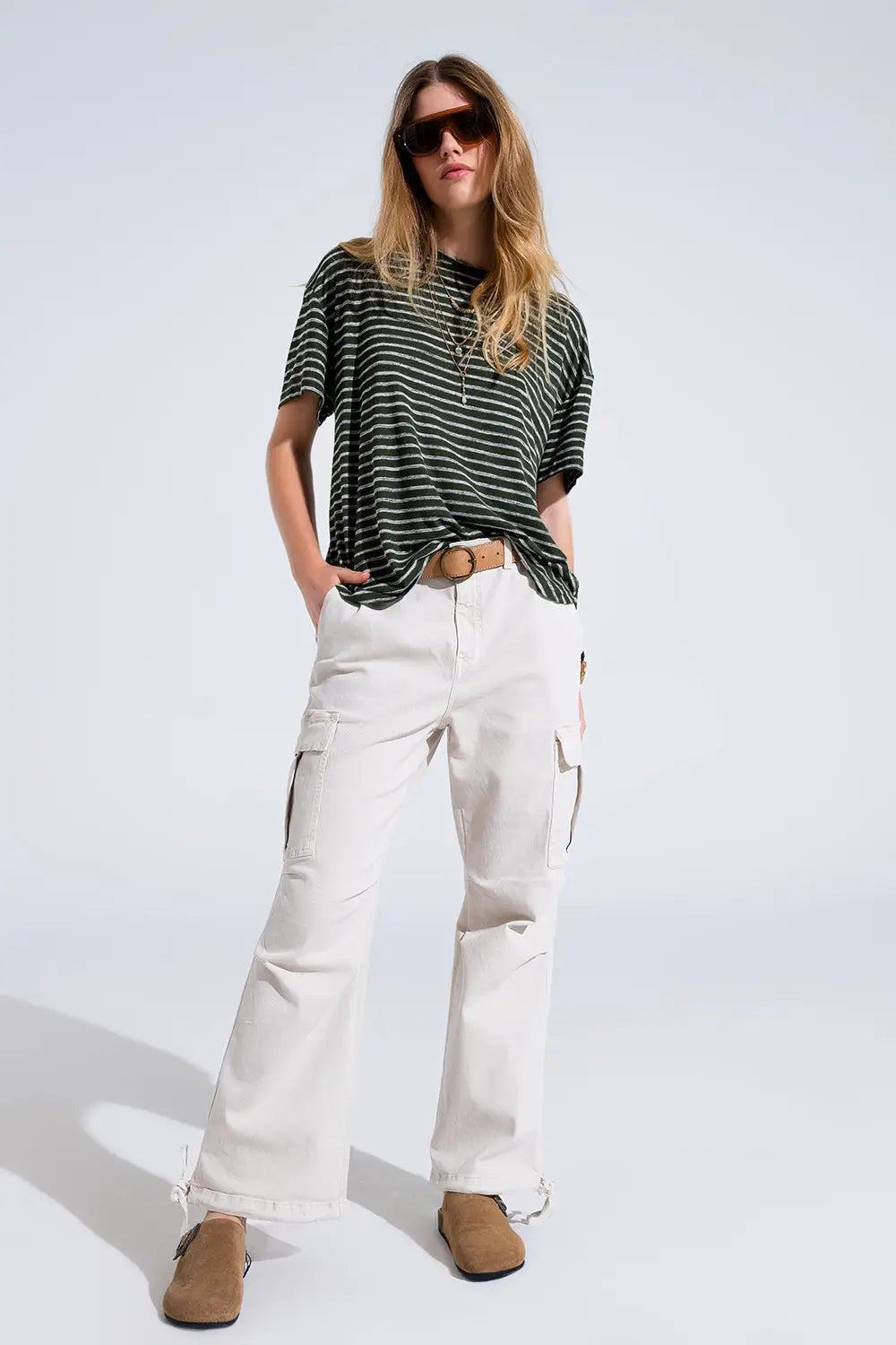 Relaxed Striped T-shirt With Crew Neckline In Khaki - Tops