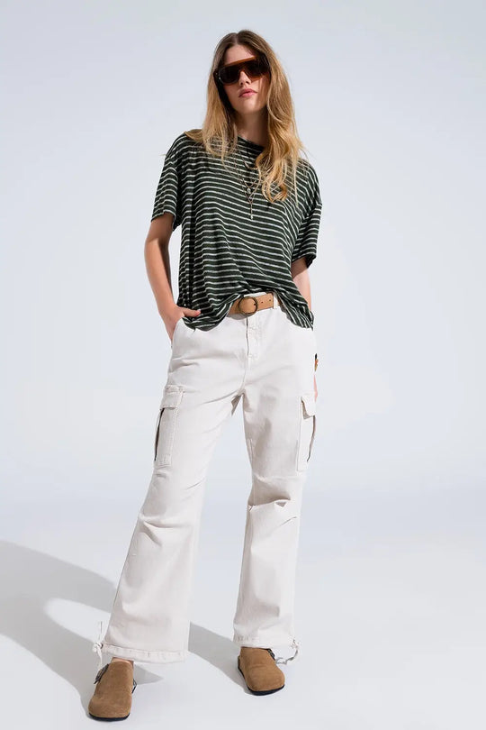 Relaxed Striped T-shirt With Crew Neckline In Khaki - Tops