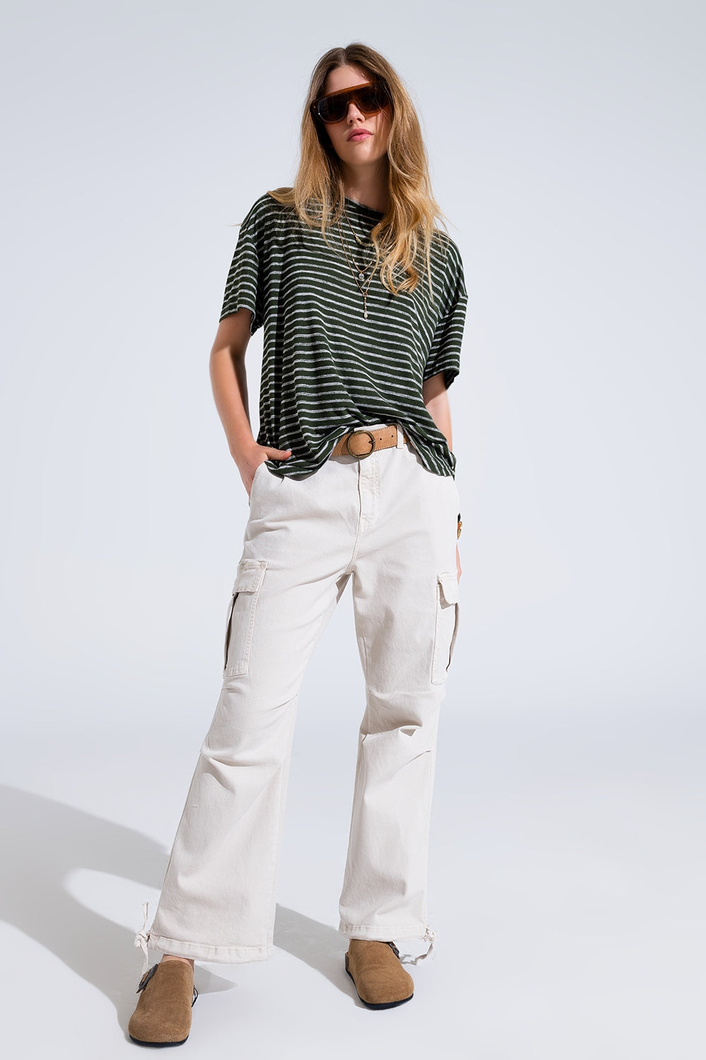 Relaxed Striped T-shirt With Crew Neckline In Khaki