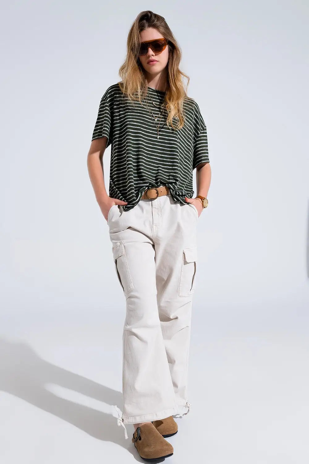Relaxed Striped T-shirt With Crew Neckline In Khaki - Tops