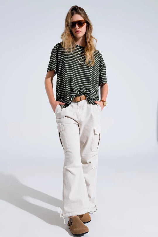 Relaxed Striped T-shirt With Crew Neckline In Khaki - Tops