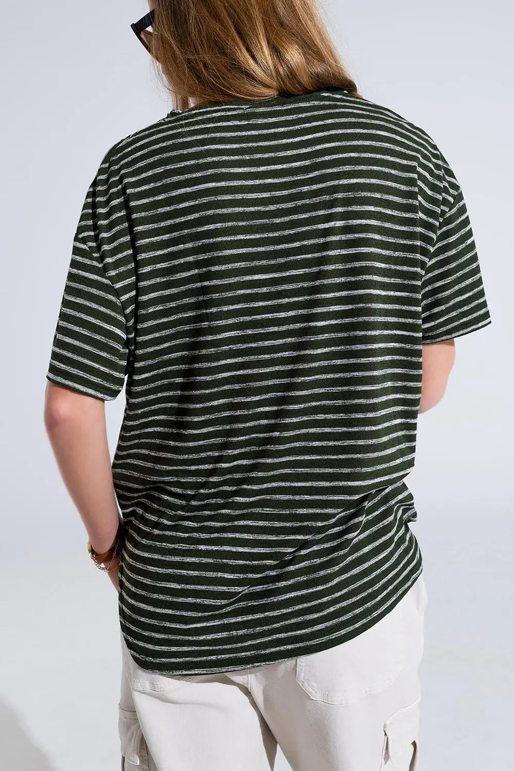 Relaxed Striped T-shirt With Crew Neckline In Khaki - Tops