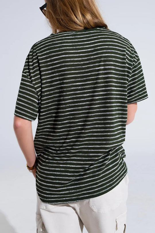 Relaxed Striped T-shirt With Crew Neckline In Khaki - Tops