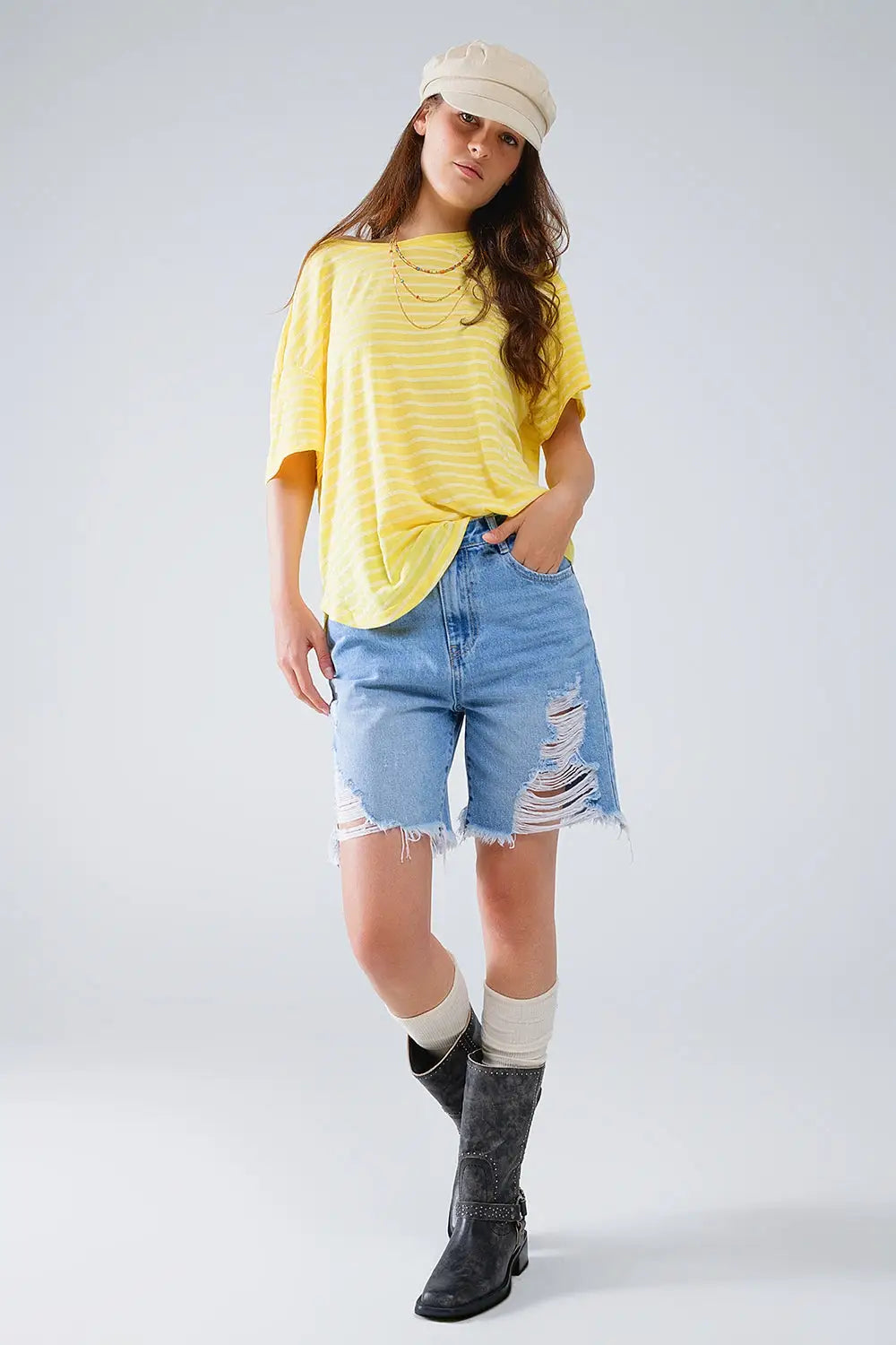 Relaxed Striped T-shirt With Crew Neckline In Yellow - Tops