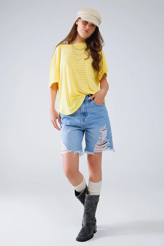 Relaxed Striped T-shirt With Crew Neckline In Yellow - Tops