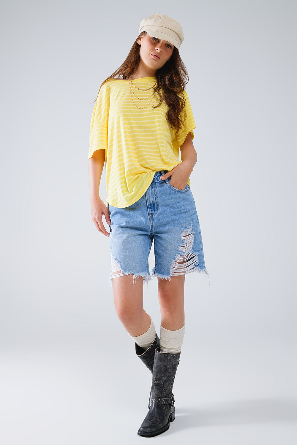 Relaxed Striped T-shirt With Crew Neckline In Yellow