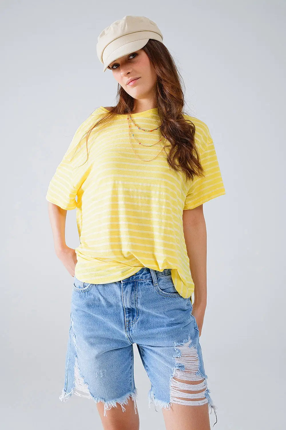 Relaxed Striped T-shirt With Crew Neckline In Yellow - Tops