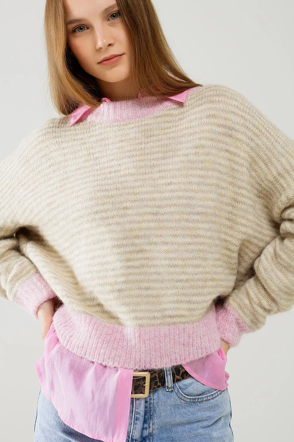 Relaxed Stripey Sweater in Beige With Pink Details - One Size / Pink - Sweaters