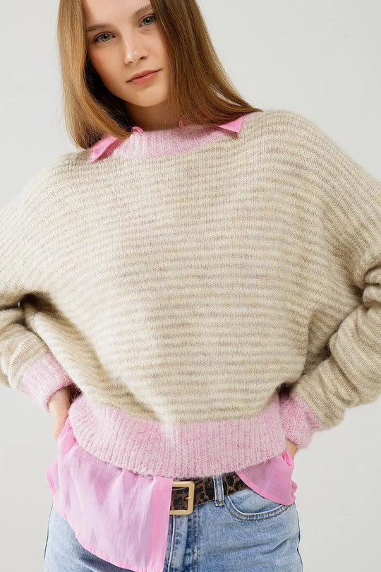 Relaxed Stripey Sweater in Beige With Pink Details - One Size / Pink - Sweaters