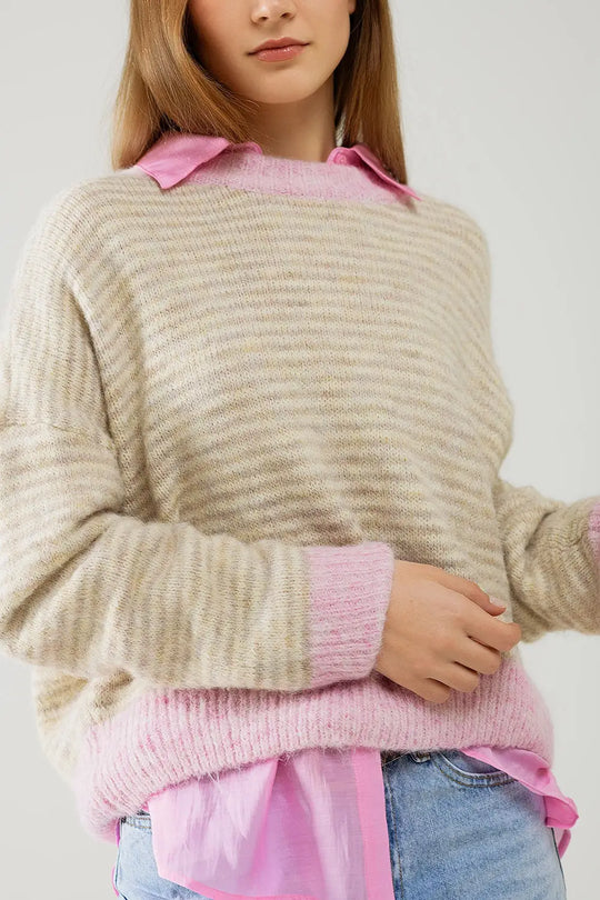 Relaxed Stripey Sweater in Beige With Pink Details - One Size / Pink - Sweaters